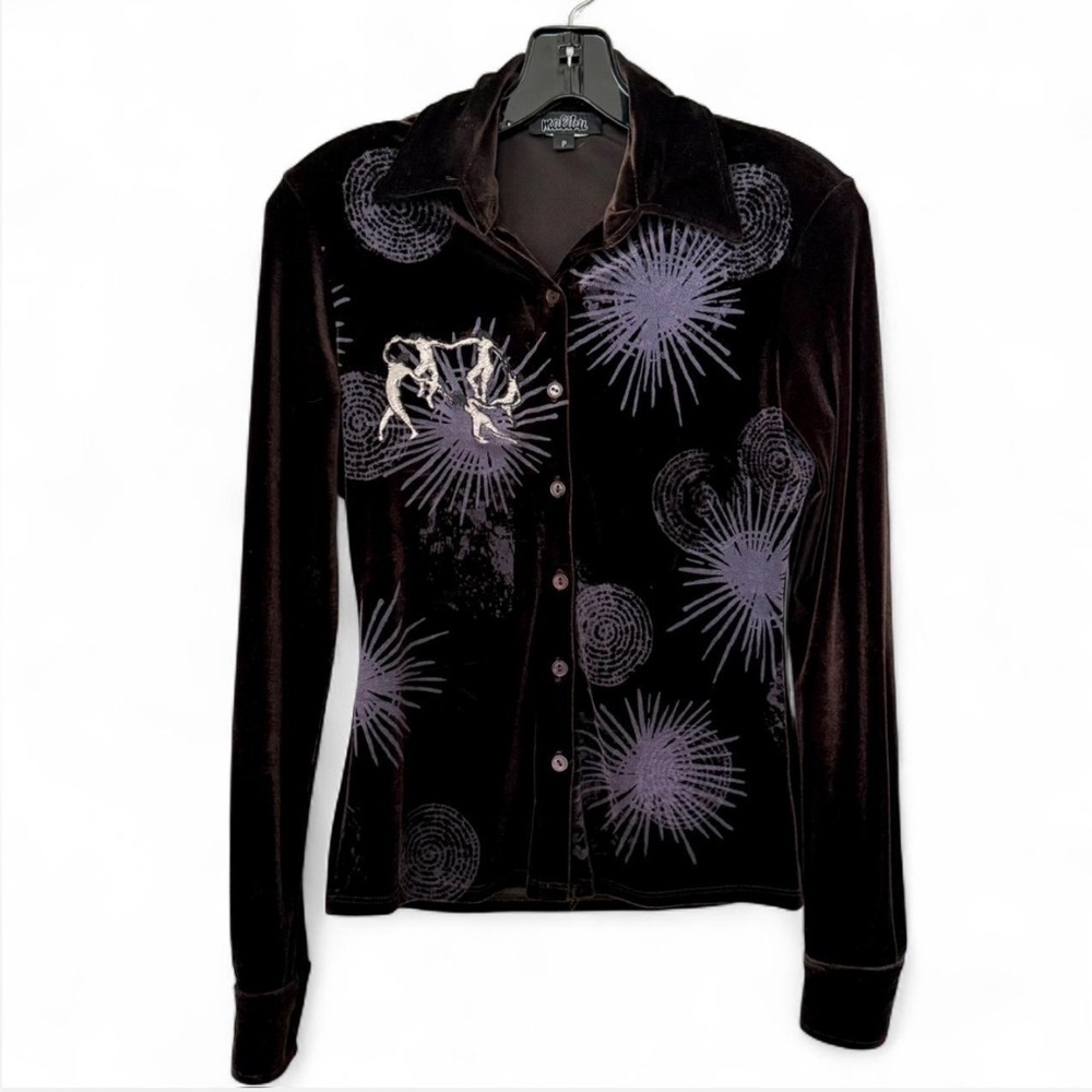 Sz S Brown Velvet Button Down With Matisse Embroidery Design